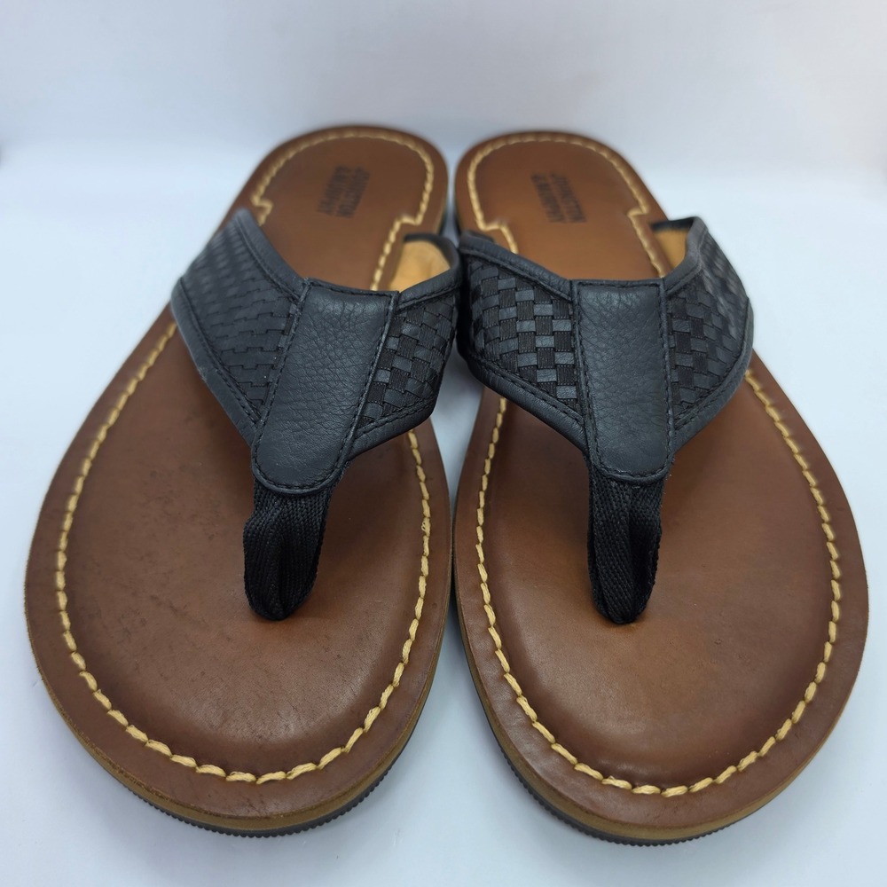 Johnston & Murphy Mens 9M Woven Leather Flip Flop Sandals Black Brown 25-3665 - Picture 2 of 9